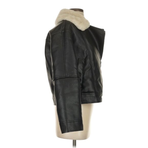 Abercrombie & Fitch Black Vegan Leather Jacket With White Faux Shearling Collar - Picture 5 of 13